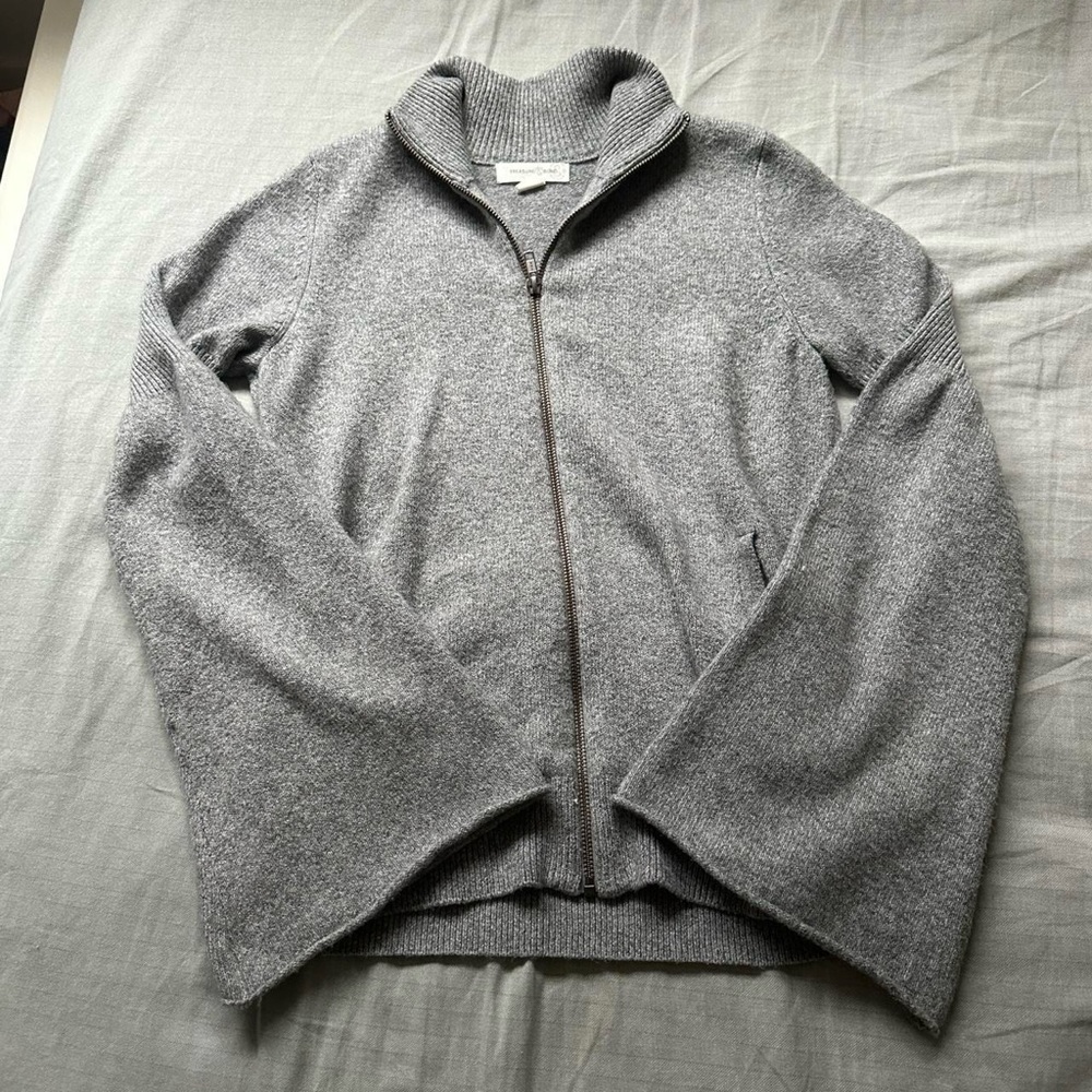 vintage grey bell sleeve zip up sweater